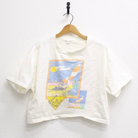 Vintage Tops - Vintage Sailing Club USA Crop Top T Shirt Small